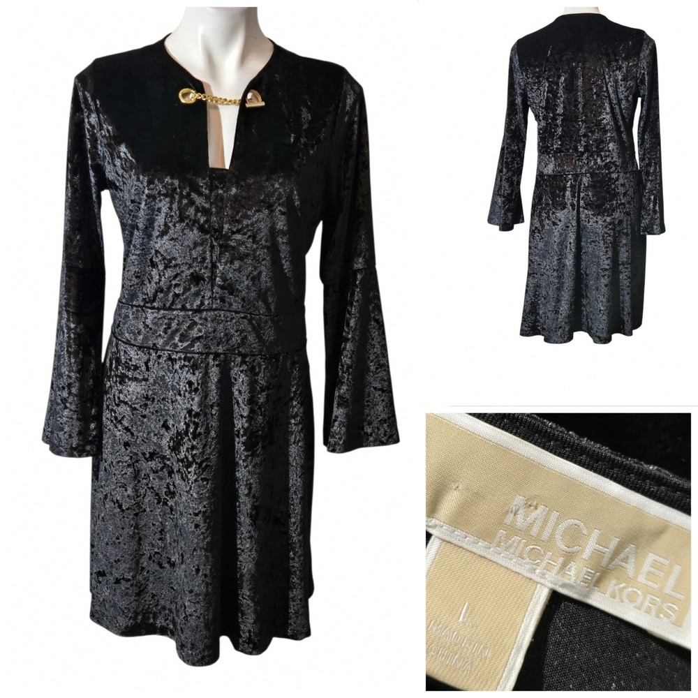 Michael Michael Kors Black Crushed Velvet Bell Sleeve Chain Detail Dress Large